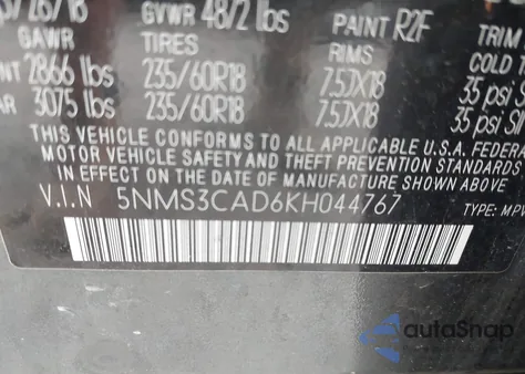 2019 Hyundai Santa Fe Sel Plus z USA, uszkodzony, nr VIN 5NMS3CAD6KH044767